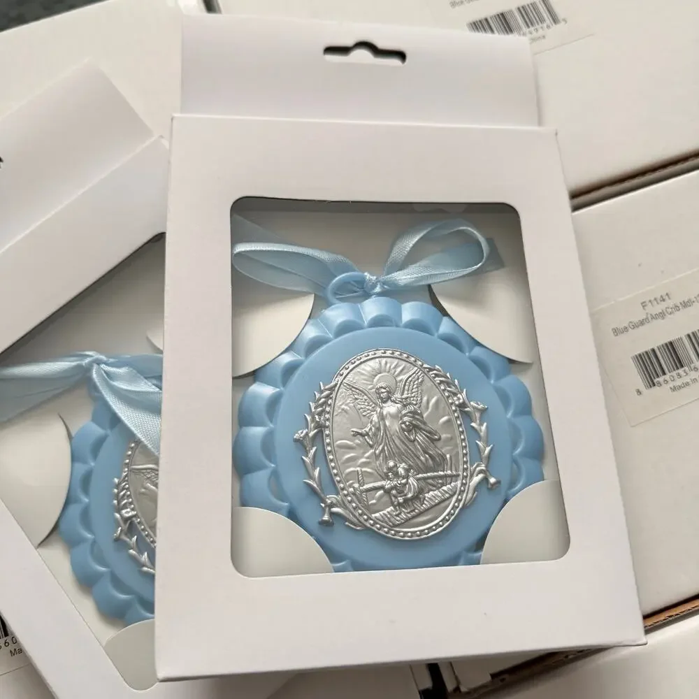 Large Wholesale Lot of 60 Pcs Baby Light Blue Guardian Angel Crib Ribbon Medals - Picture 2 of 3